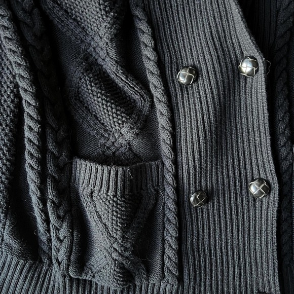 90s black grandpa sweater button down shawl collar cable knit cardigan large - Picture 11 of 13